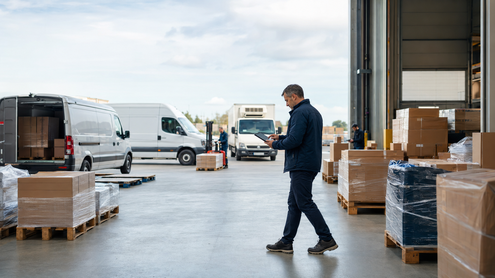 European B2B logistics operation with pallets, parcels and unbranded delivery vehicles